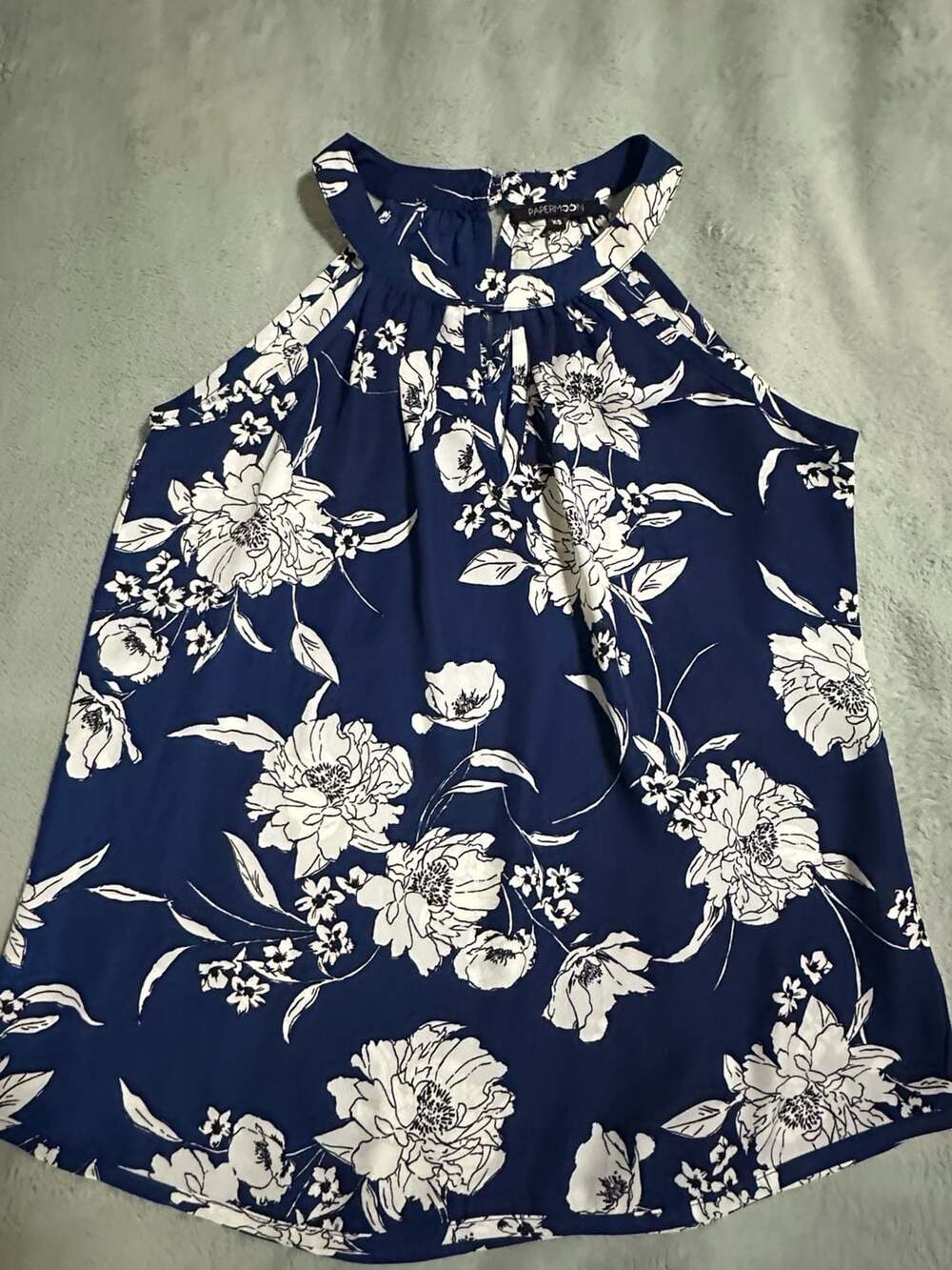 Papermoon Navy Blue Floral Print Sleeveless Keyhole Halter Tank Top, Size XS